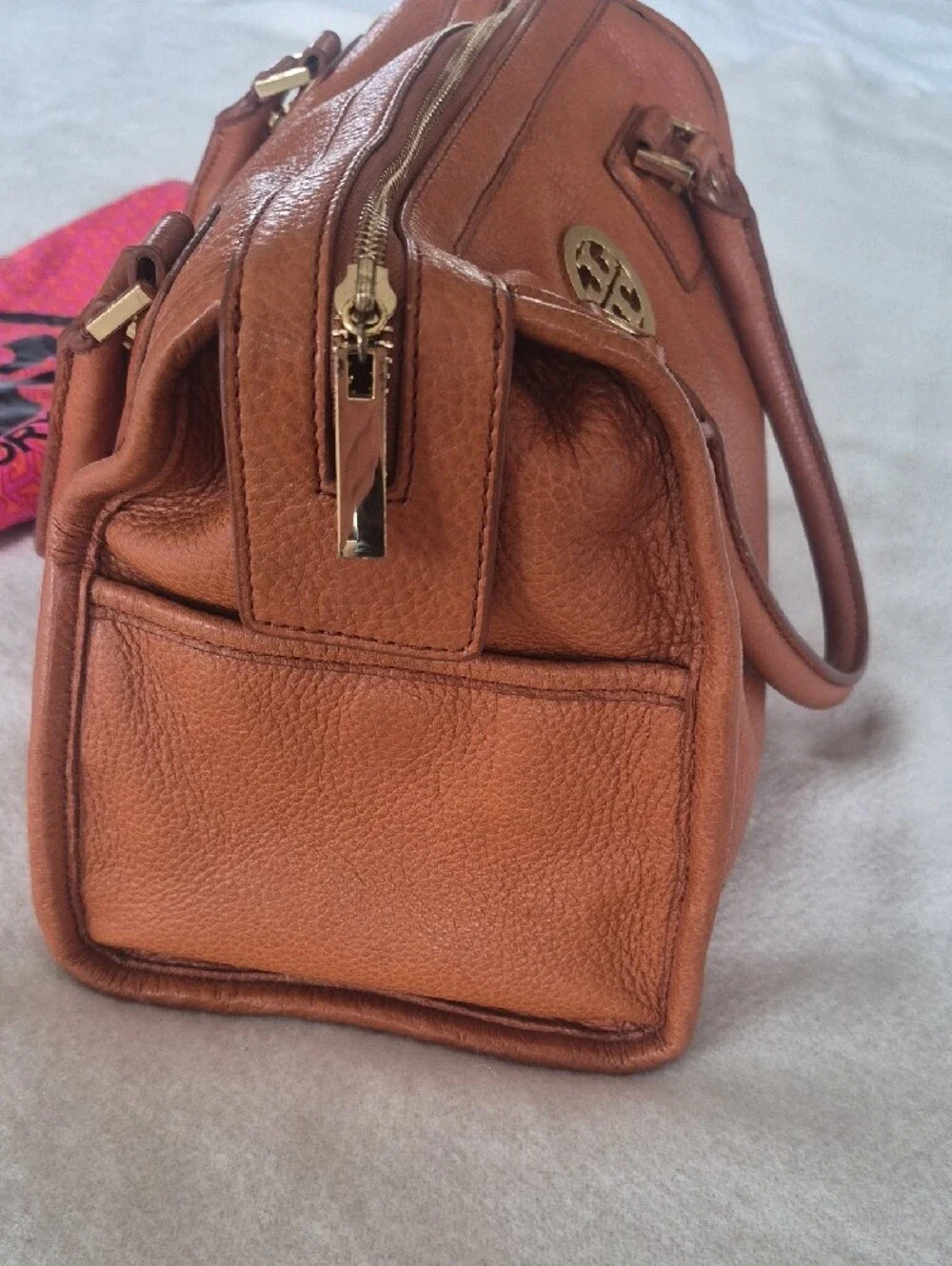Tory Burch Leather Satchel in Cognac Tan with Gold Hardware
